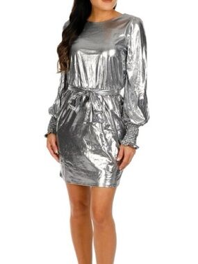 Betsey Johnson Silver Metallic Long-Sleeve Smocked-Cuff Mini Dress